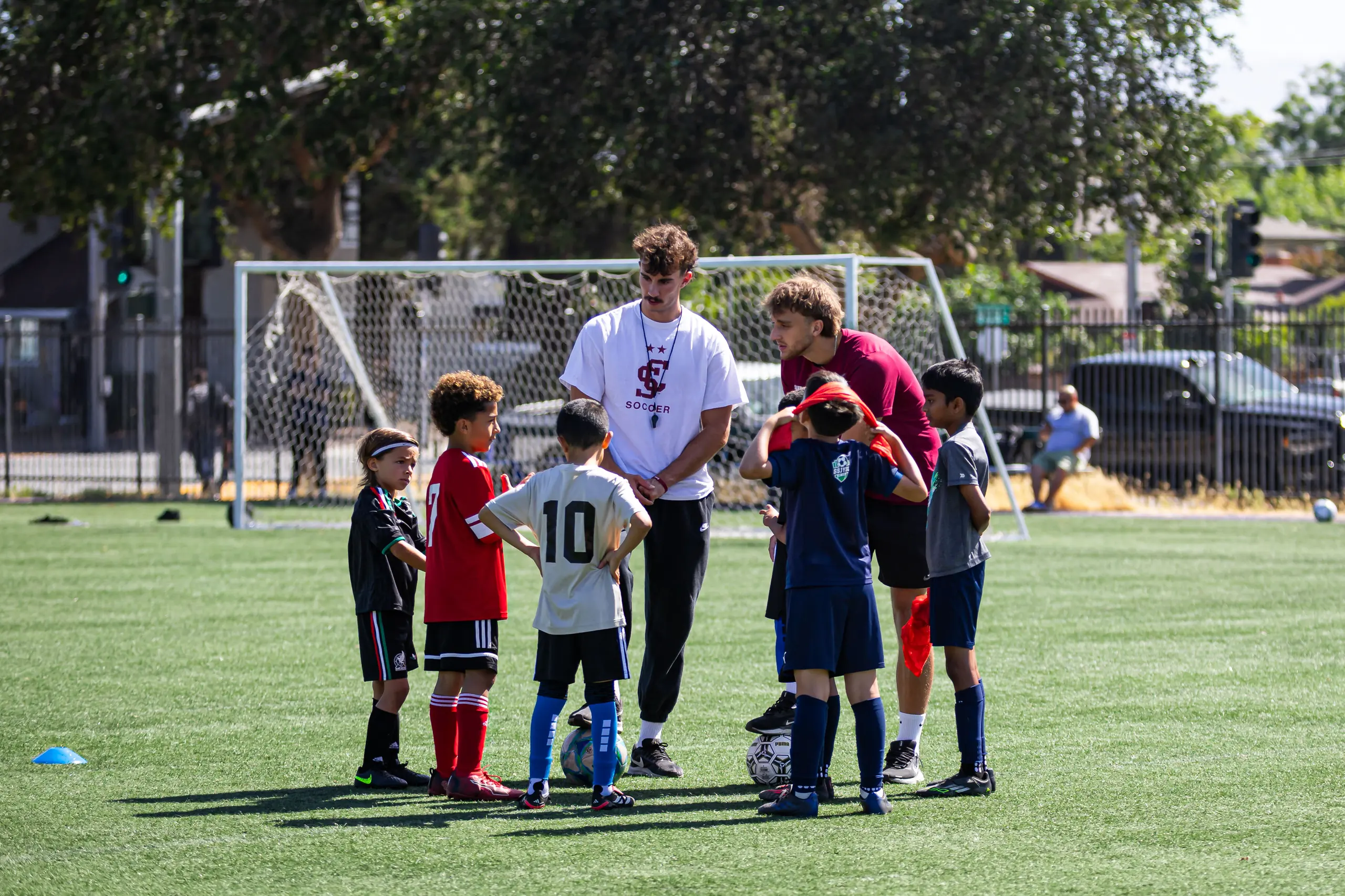 Small-group training at the Santa Clara men's soccer clinic